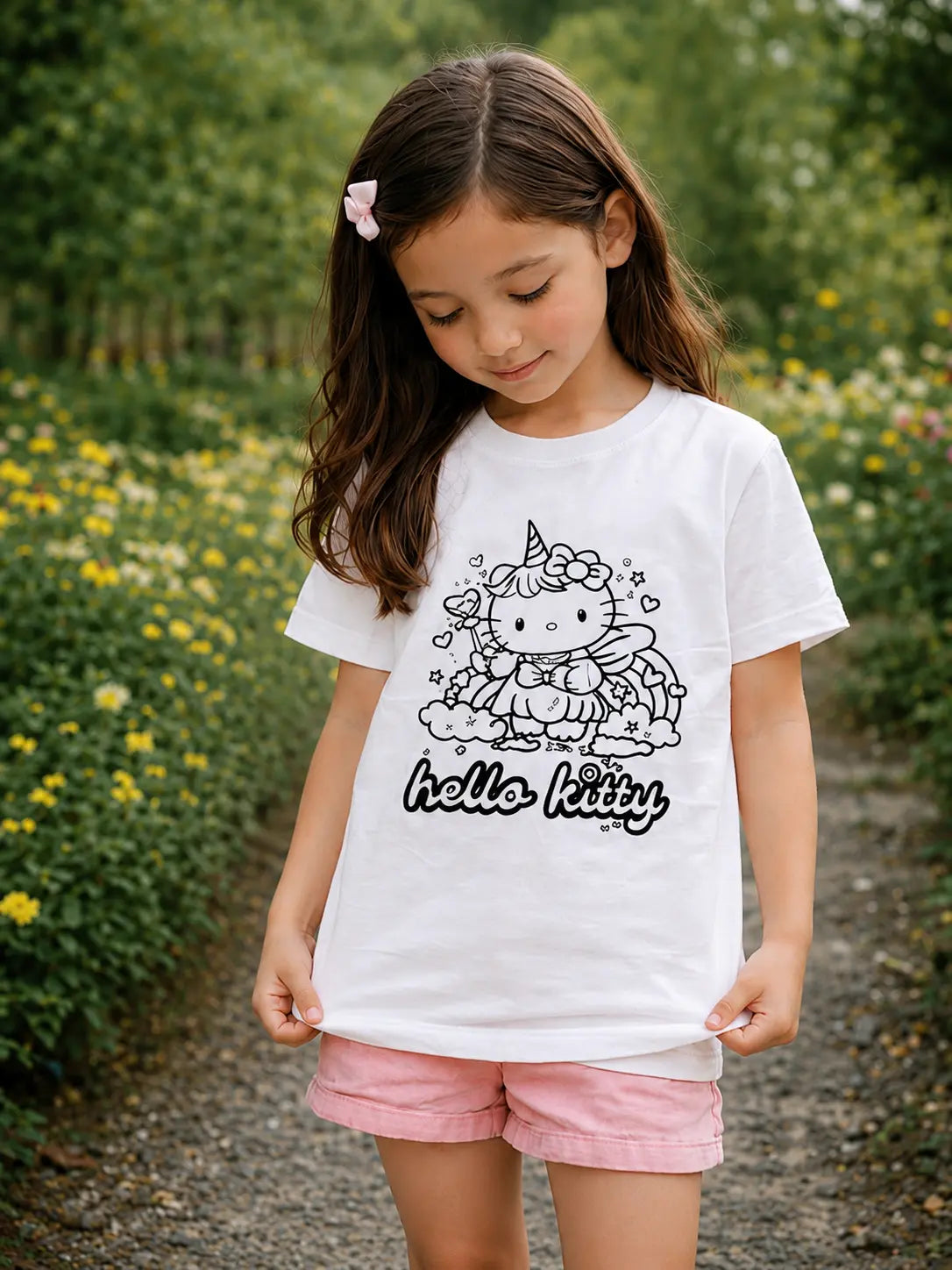 Kids Cotton T-Shirt with Sun Activated Colour-Changing Unicorn Kitty Artwork
