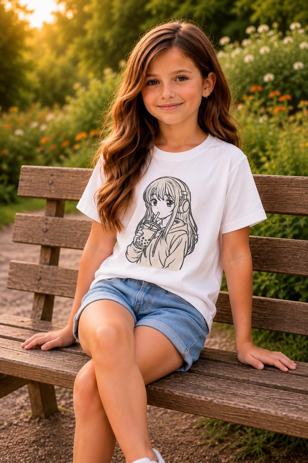 Anime Bubble Tea Girl – Sun-Activated Color-Changing Cotton T-Shirt for Kids