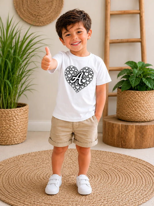 100% Cotton UV Reactive Kids T-Shirt with Heart Initial Magic Design