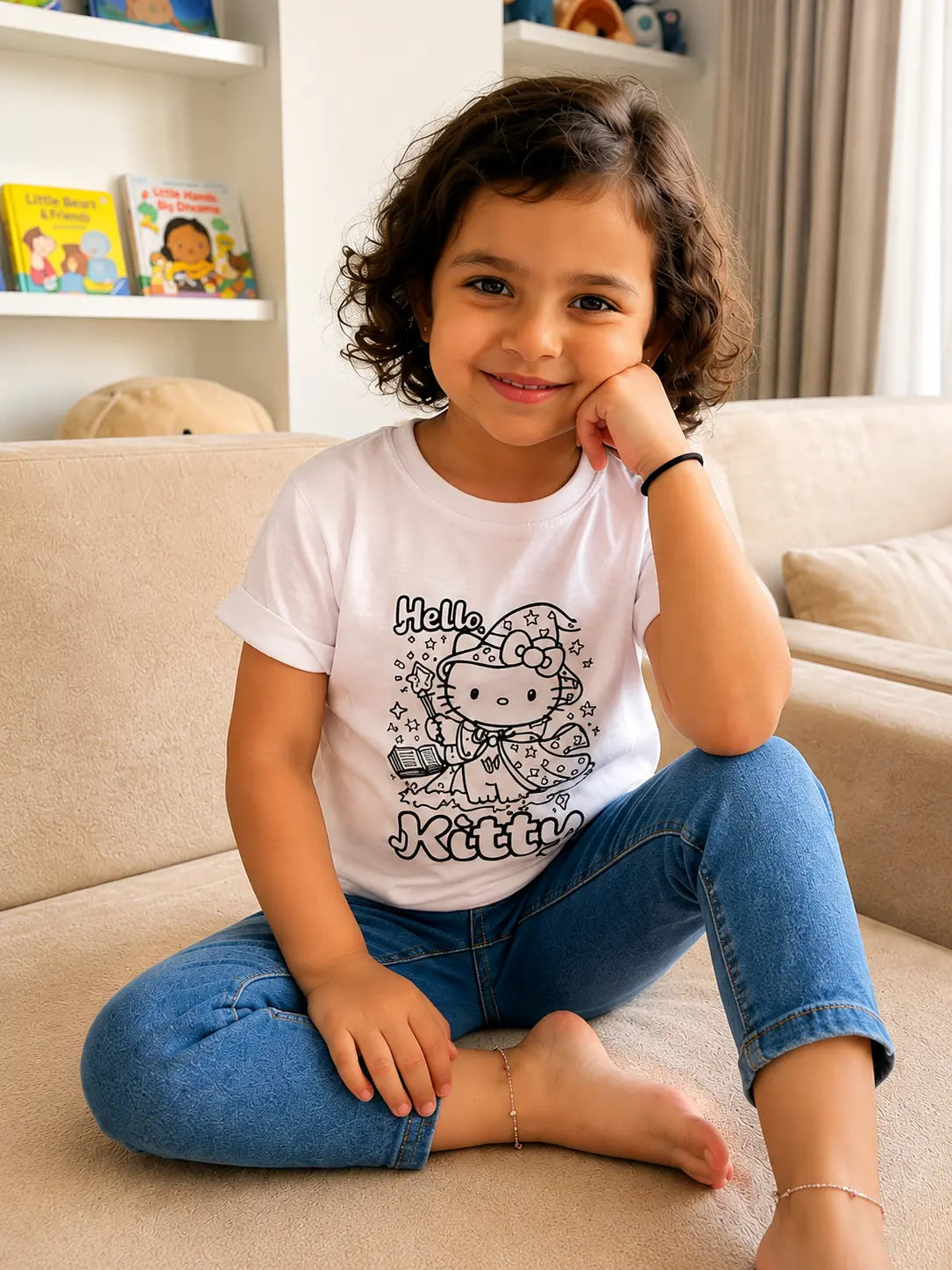 Kids Cotton T-Shirt with Sun Activated Colour-Changing Magic Kitty Wand Artwork