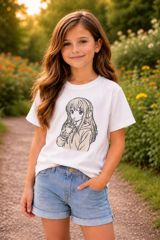 Anime Bubble Tea Girl – Sun-Activated Color-Changing Cotton T-Shirt for Kids