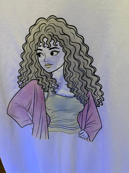 Sun Activated Colour-Changing T-Shirt Dress showing colourful Curly Girl print in sunlight