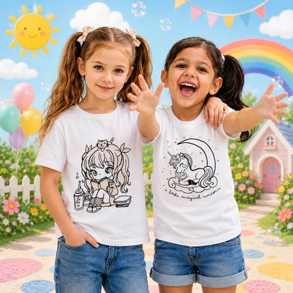Raksha Bandhan gift hamper featuring Little Bookworm Princess and Dreamy Unicorn Kitty Sun Activated Colour-Changing Kids T-Shirts.