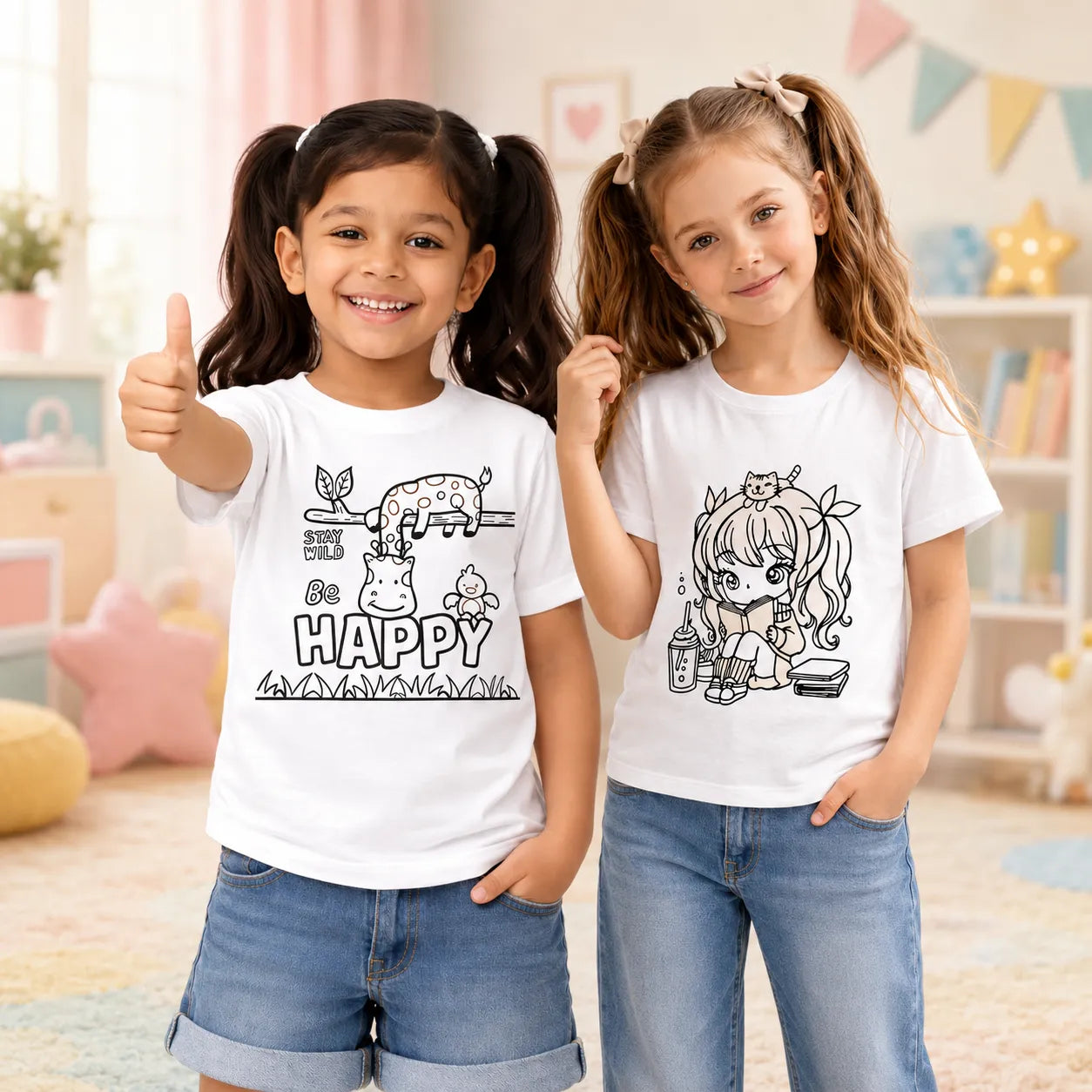Kids gift hamper with Little Bookworm Princess and Stay Wild Be Happy Sun Activated Colour-Changing Cotton T-Shirts.