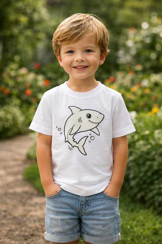 Ocean Buddy Shark – Sun-Activated Colour-Changing Cotton T-Shirt for Kids