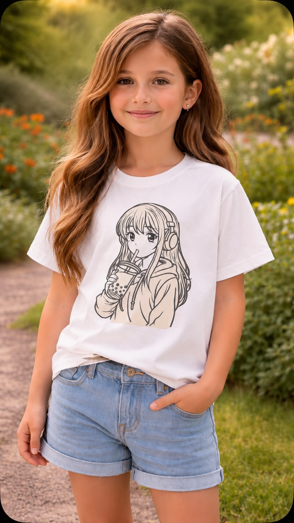 Anime Bubble Tea Girl – Sun-Activated Color-Changing Cotton T-Shirt for Kids