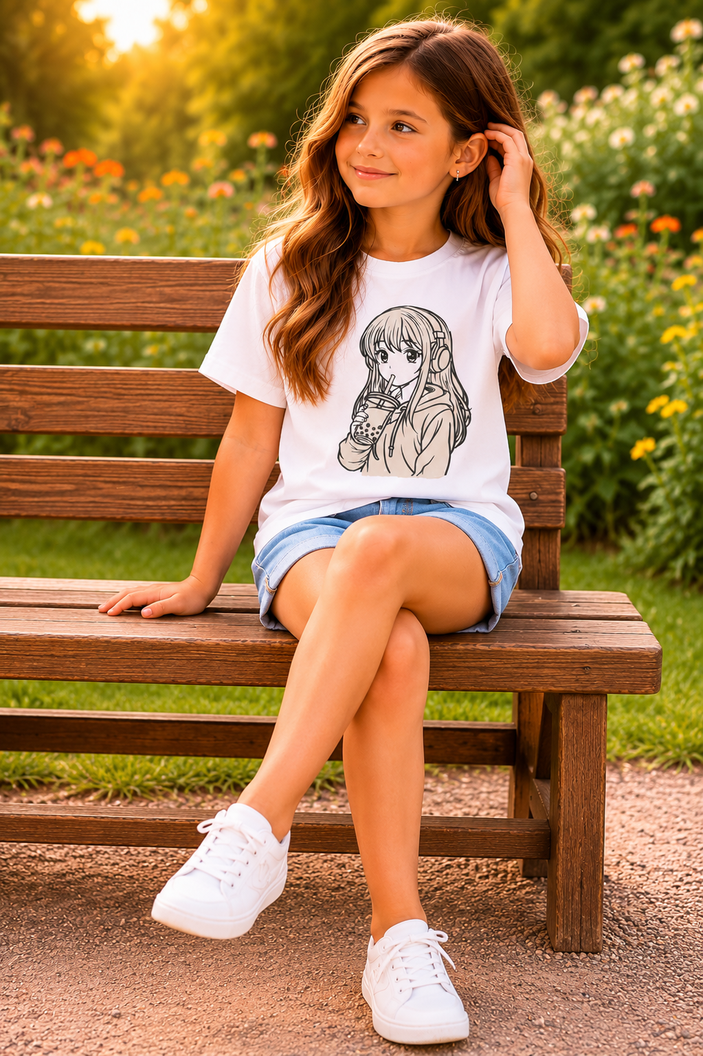 Anime Bubble Tea Girl – Sun-Activated Color-Changing Cotton T-Shirt for Kids