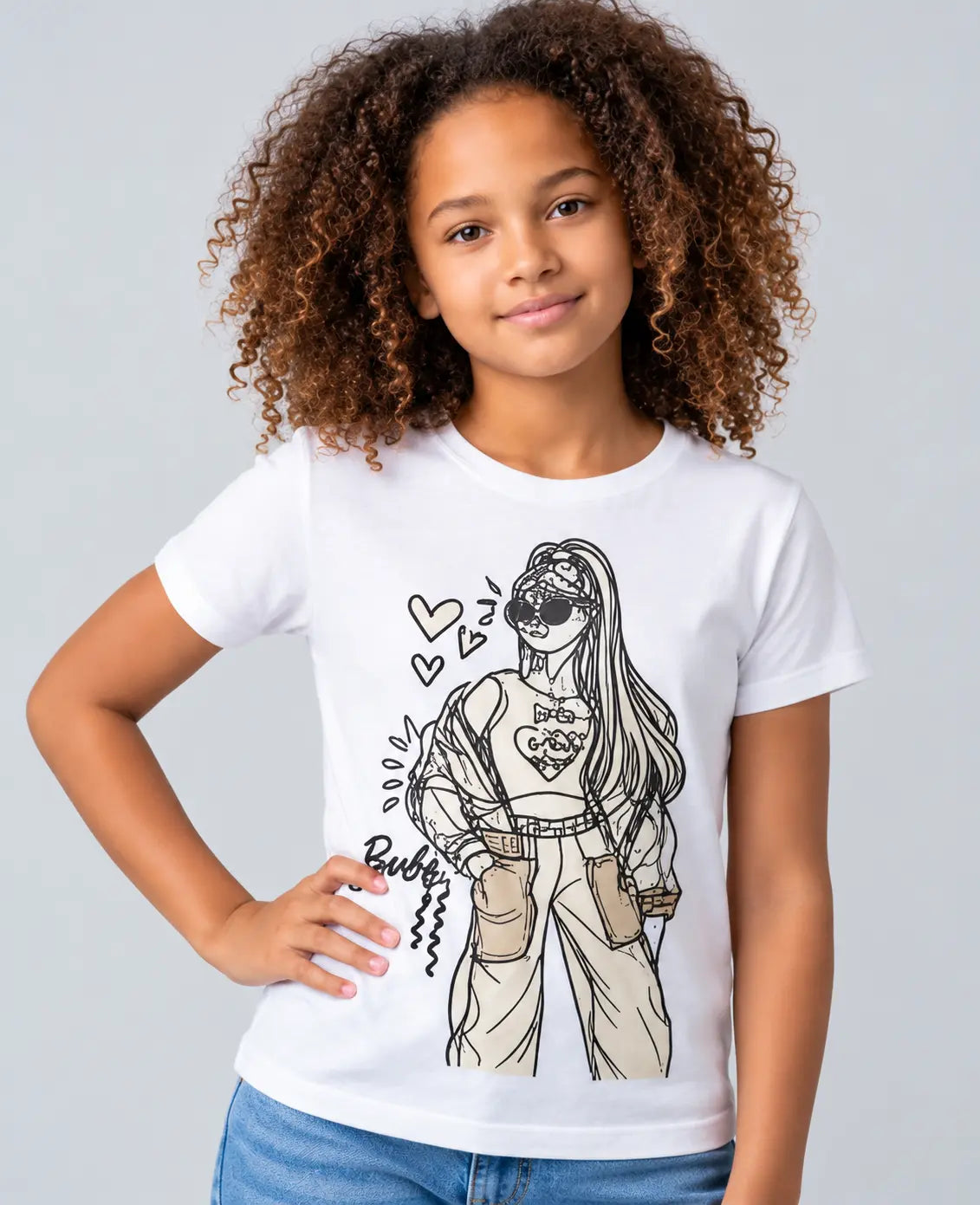 Bubbly Fashion Girl graphic on a Sun Activated Colour-Changing Kids T-Shirt by Nysa Huletic