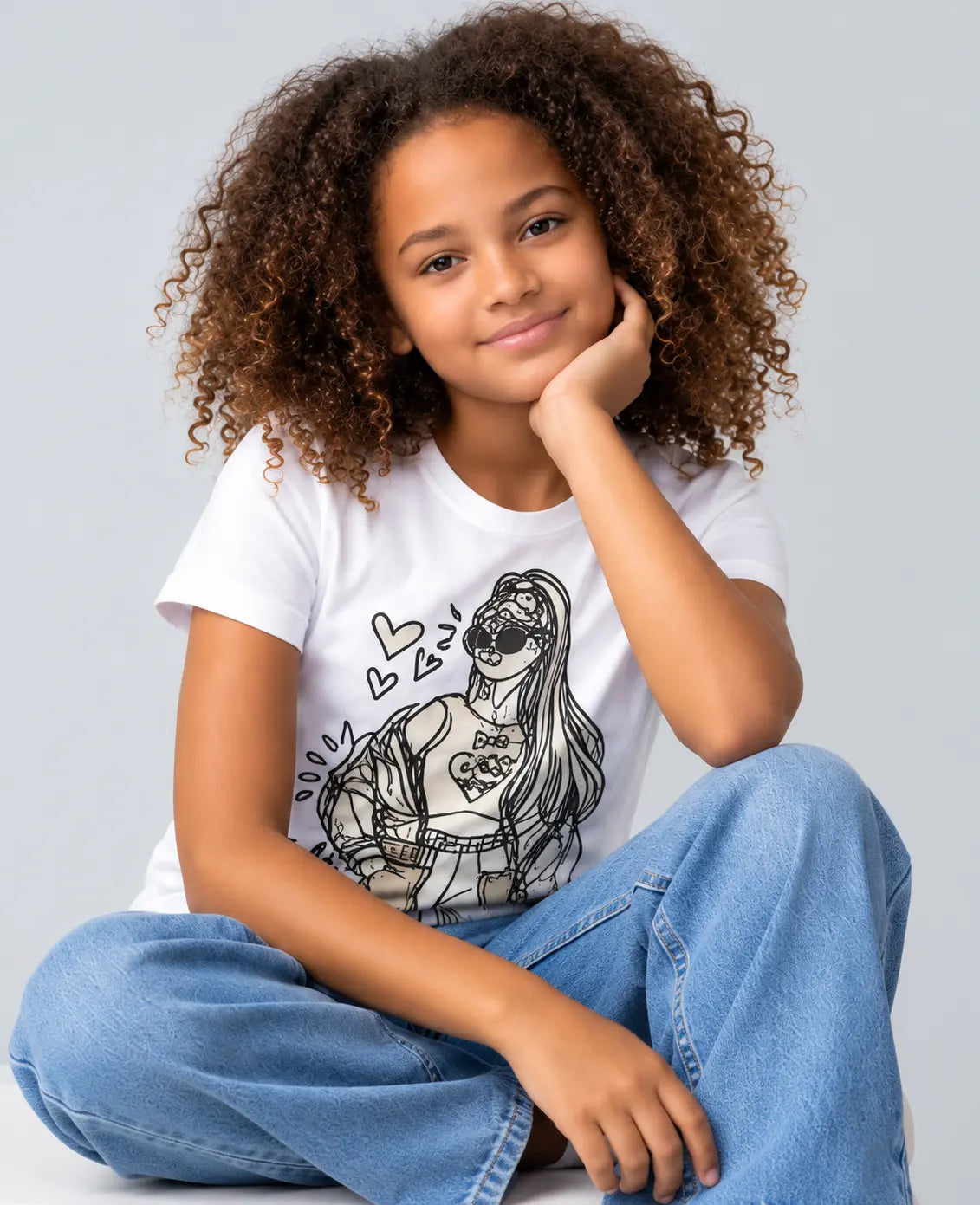 Kids Sun Activated T-Shirt featuring Bubbly Fashion Girl with sunglasses and heart graphic