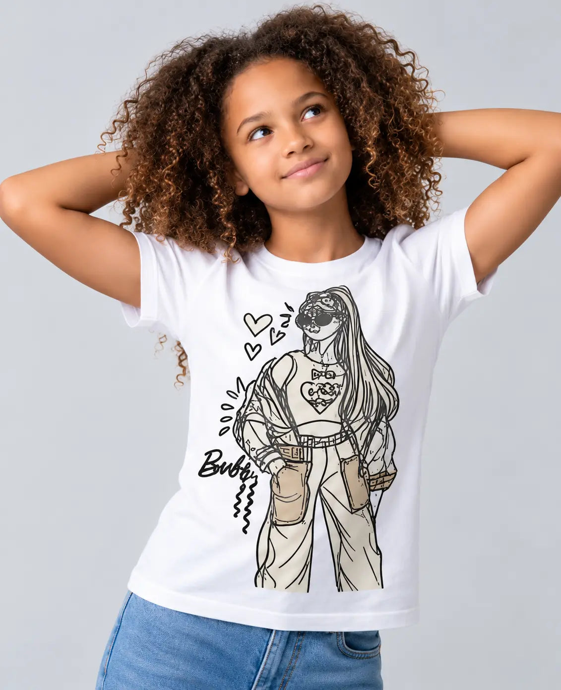 Bubbly Fashion Girl graphic T-shirt for kids featuring sunglasses, hearts and stylish outfit design