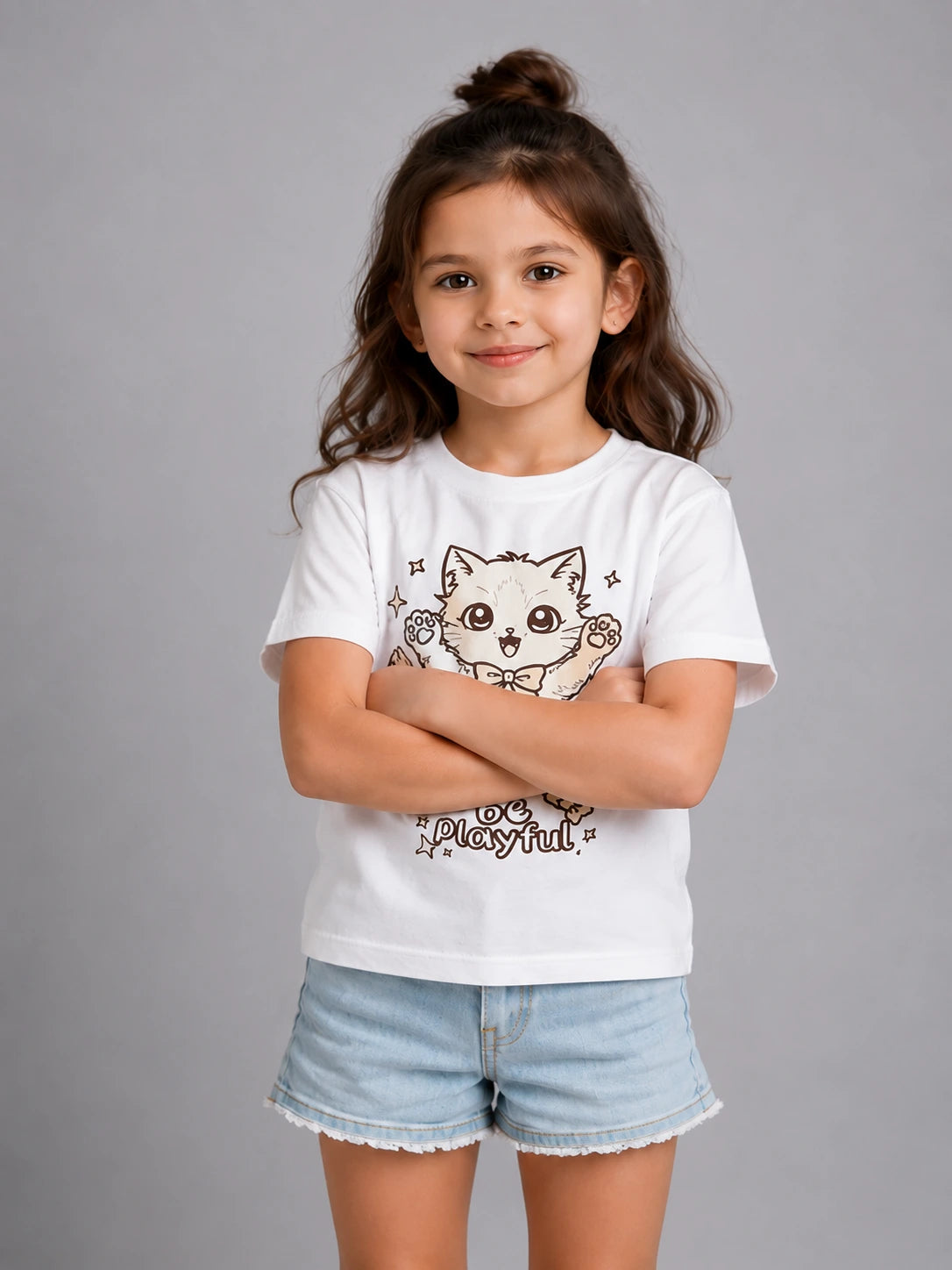 Colour-Changing Cotton Kids T-Shirt with Playful Kitty artwork