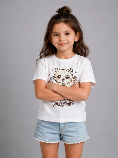 Colour-Changing Cotton Kids T-Shirt with Playful Kitty artwork