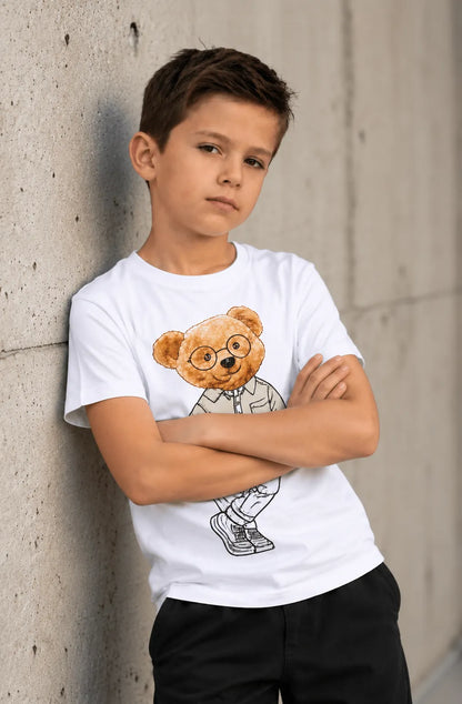 Cool Teddy Bear character wearing glasses and a smart outfit printed on a cotton Kids T-Shirt