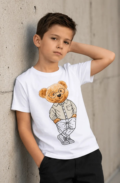 Cool Teddy Bear graphic on a white Sun Activated Colour-Changing Kids T-Shirt in a casual pose