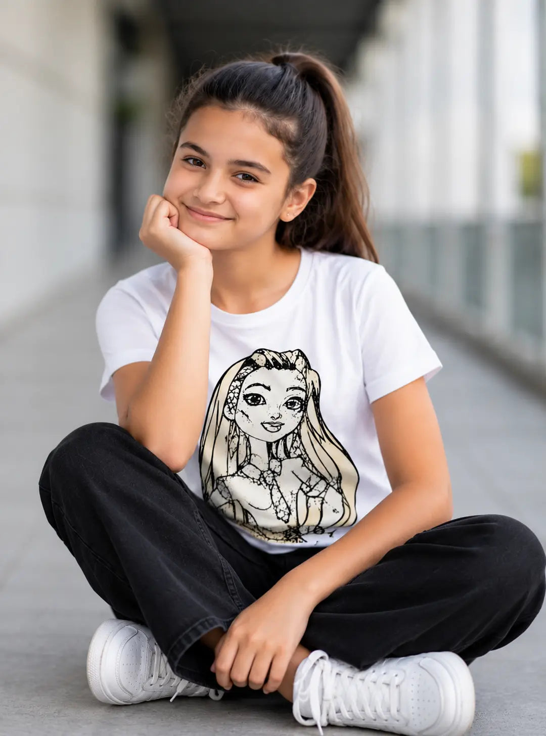Child wearing Glam Fashion Girl Sun Activated Colour-Changing Kids T-Shirt while sitting