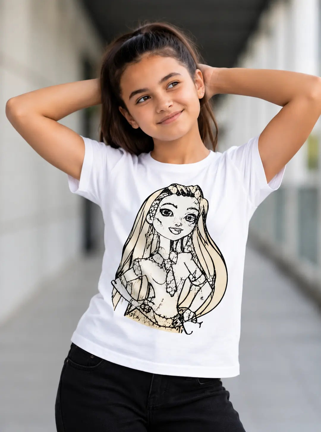 Glam Fashion Girl character graphic on a white cotton T-Shirt for kids