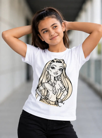 Glam Fashion Girl character graphic on a white cotton T-Shirt for kids