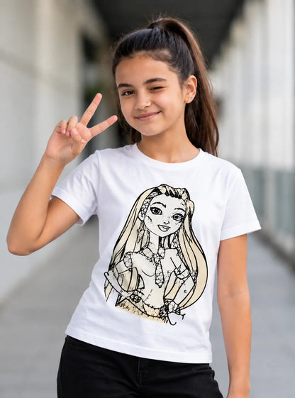 Glam Fashion Girl graphic on a Sun Activated Colour-Changing Kids T-Shirt in a playful pose