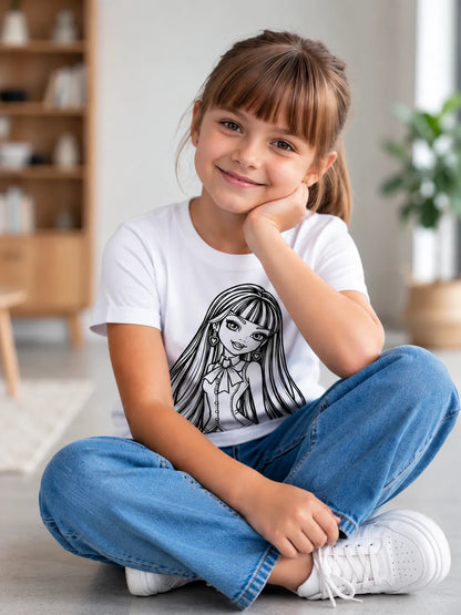 Child wearing Heart Bow Fashion Girl Sun Activated Colour-Changing Kids T-Shirt while sitting