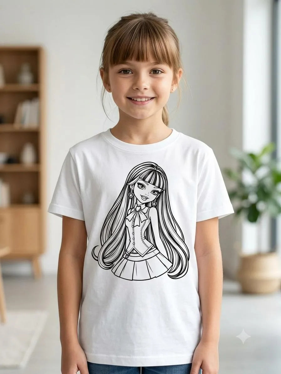 Heart Bow Fashion Girl fashion character printed on a white cotton T-Shirt for kids