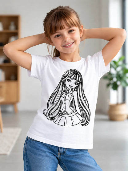 Heart Bow Fashion Girl character graphic on a white cotton Kids T-Shirt with long hair and bow design