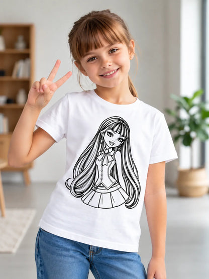 Heart Bow Fashion Girl graphic on a Sun Activated Colour-Changing Kids T-Shirt in a playful peace sign pose