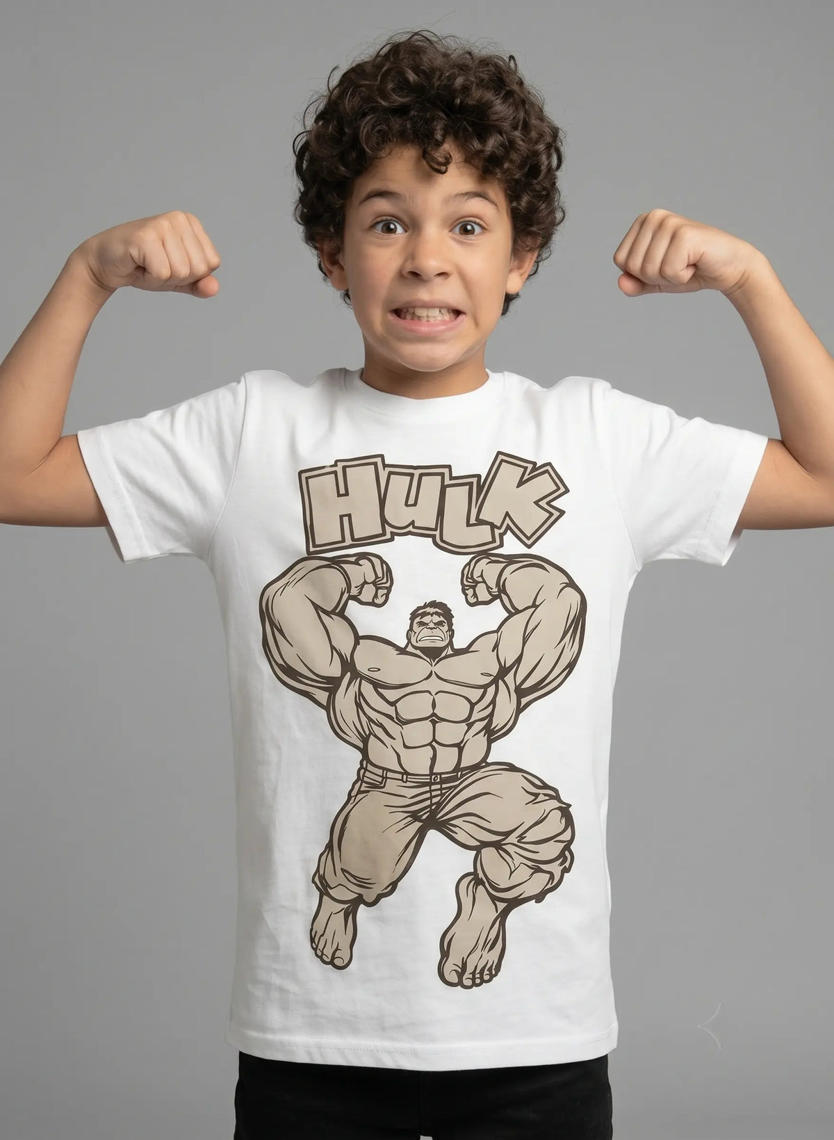 Hulk superhero graphic T-Shirt for kids featuring a muscular flexing character design