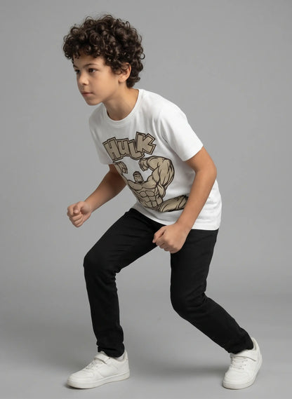 Hulk Superhero Kids T-Shirt shown in an active action pose with bold graphic print