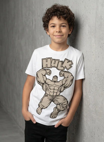 Hulk Superhero graphic on a white Sun Activated Colour-Changing Kids T-Shirt
