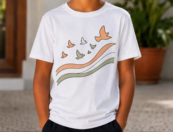 Tricolour Freedom Birds – Sun Activated Colour-Changing Cotton T-Shirt for Kids