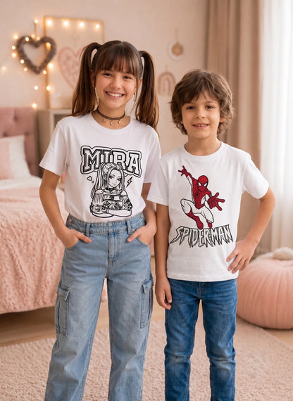 Kids Raksha Bandhan hamper with Mira Anime and Spiderman Sun Activated Colour-Changing Cotton T-Shirts.
