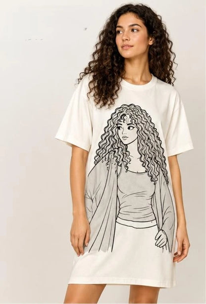 Sun Activated Colour-Changing Knee-Length T-Shirt Dress for Women with Curly Girl Design by Nysa Huletic