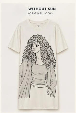 White Knee-Length T-Shirt Dress with Black and White Curly Girl Graphic Before Sun Activation