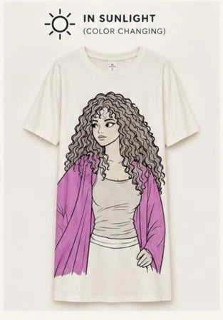 Knee-Length T-Shirt Dress with Curly Girl Graphic Revealing Colour in Sunlight