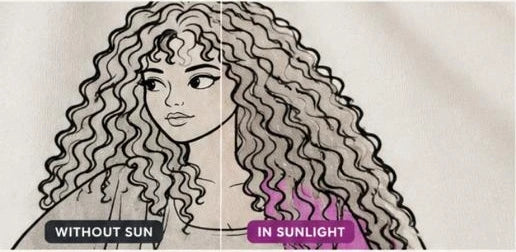 Curly Girl T-Shirt Dress print comparison showing design without sun and colour in sunlight