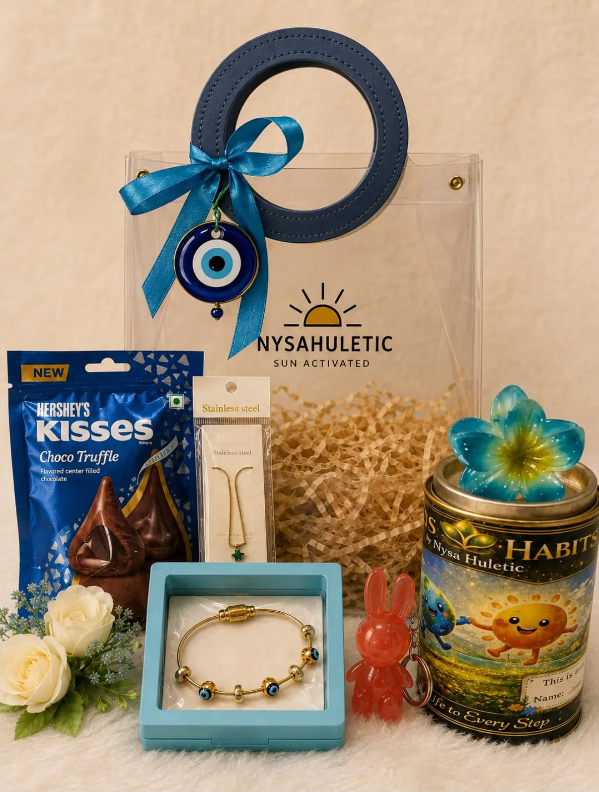 Premium Rakhi Gift Box featuring a Sun Activated Colour-Changing Kids T-Shirt, Evil Eye bracelet, star necklace, Hershey's Kisses Choco Truffle chocolates, lip balm, floral hair clutch, and traditional Roli Chawal set by Nysa Huletic.