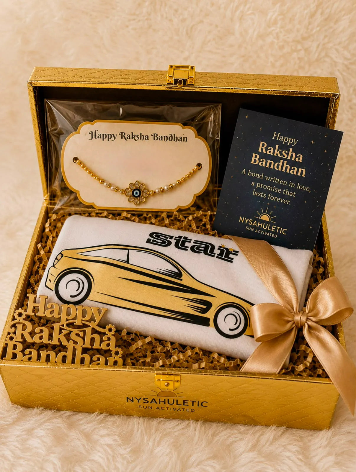 Race Car Rakhi Gift Box for Brother featuring a Sun Activated Colour-Changing Race Car Kids T-Shirt, Evil Eye Rakhi, Raksha Bandhan greeting card, and premium gift box by Nysa Huletic.