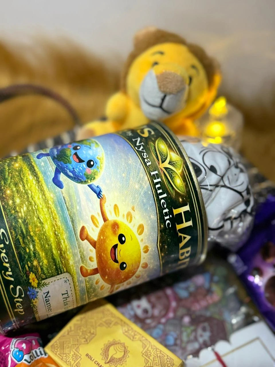 Premium Evil Eye Crown Rakhi, traditional Roli Chawal set, KitKat chocolates, and colourful lollipops included in the Classic Rakhi Gift Hamper.