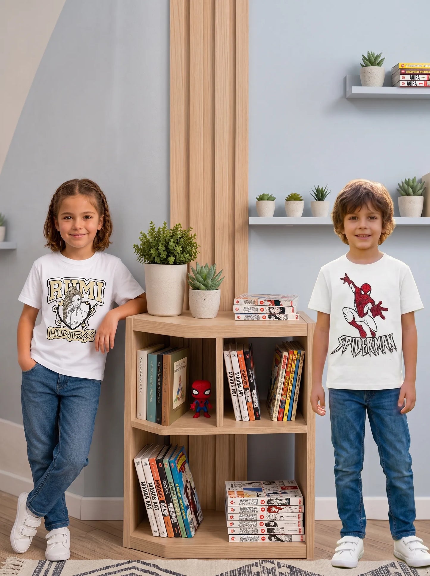 Rakhi gift hamper featuring Rumi Anime and Spiderman Sun Activated Colour-Changing Kids T-Shirts.