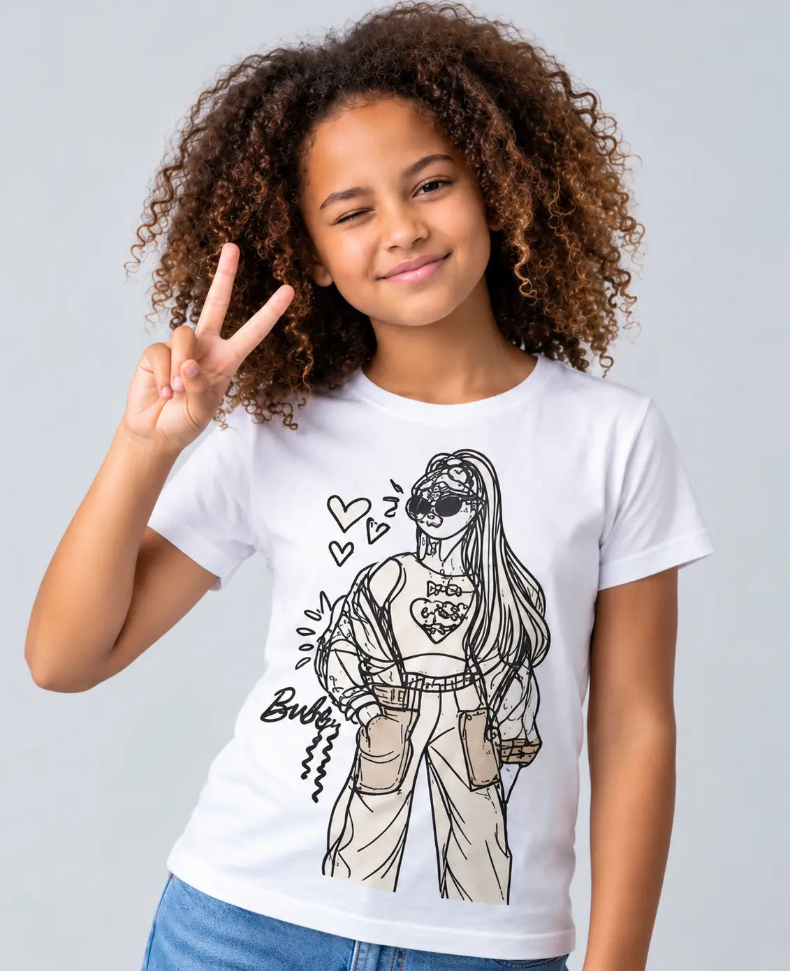 Sun Activated Colour-Changing Cotton T-Shirt for Kids with Bubbly Fashion Girl design by Nysa Huletic