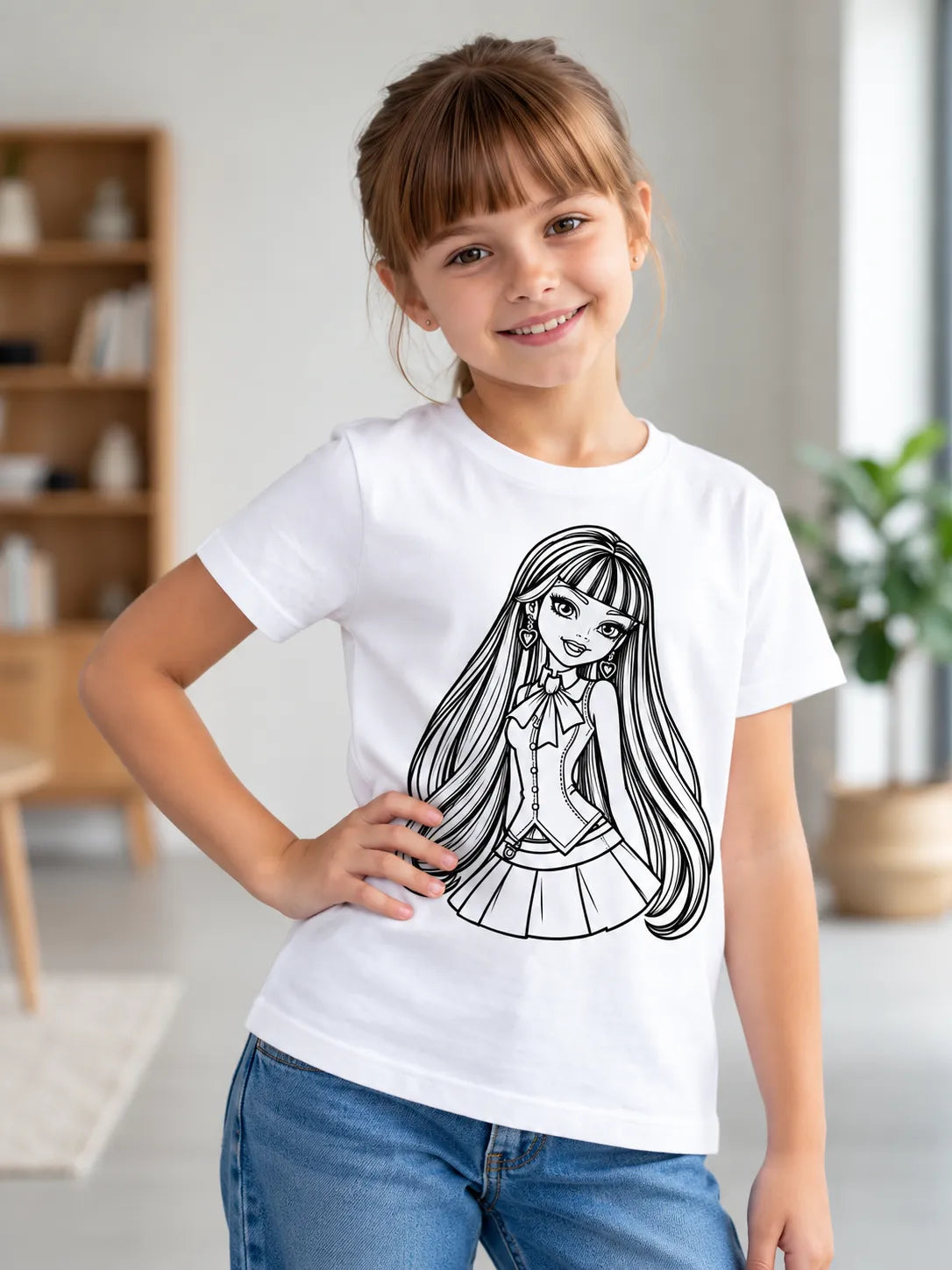 Sun Activated Colour-Changing Cotton T-Shirt for Kids featuring Heart Bow Fashion Girl design by Nysa Huletic