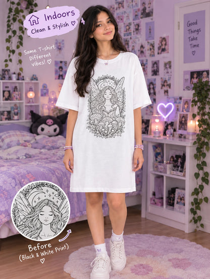 Sun Activated Colour-Changing Knee-Length T-Shirt Dress – Enchanted Forest Fairy