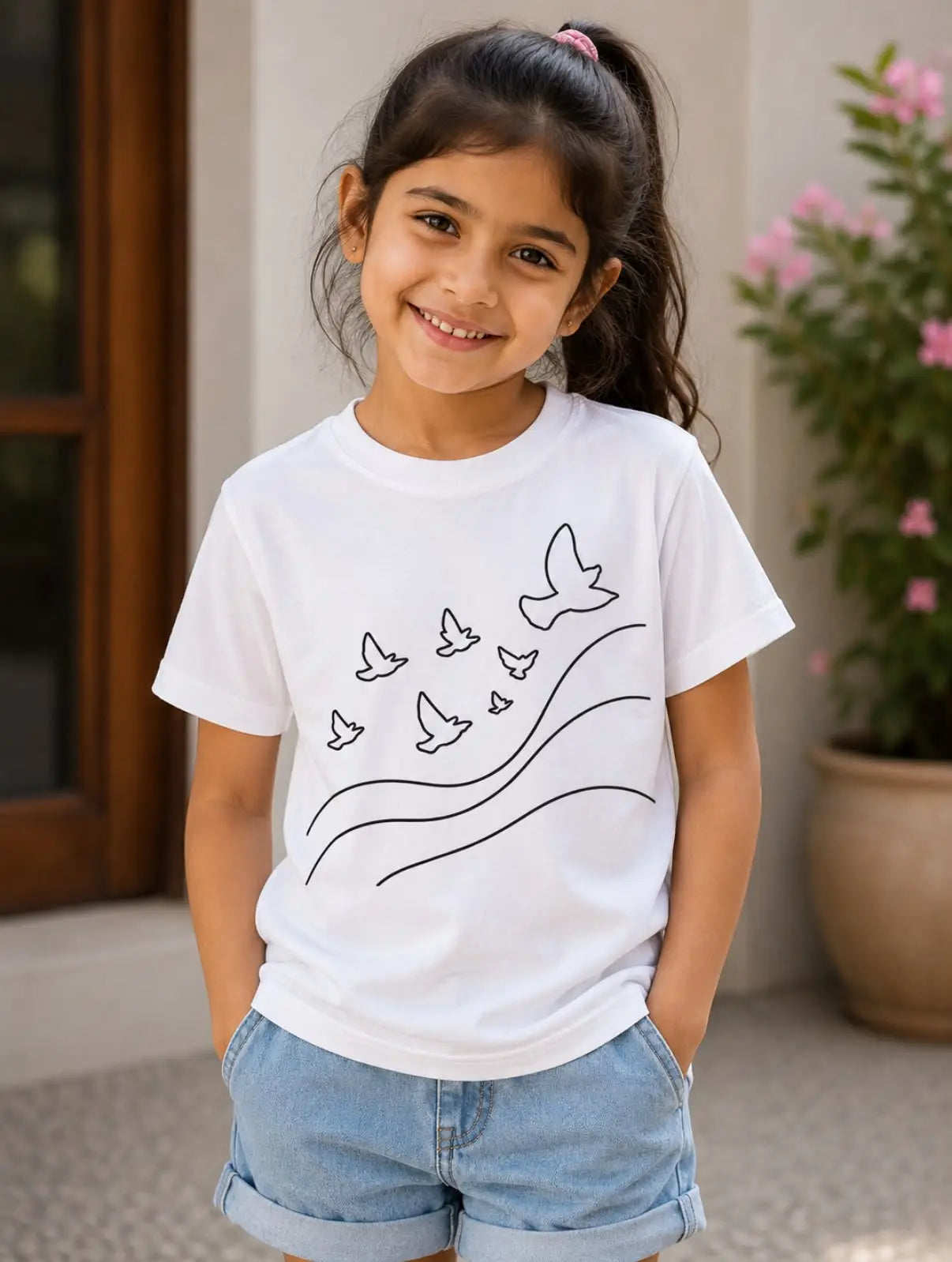Tricolour Freedom Birds Sun Activated Colour-Changing Cotton T-Shirt for Kids featuring flying birds and flowing tricolour-inspired waves that reveal vibrant colours in sunlight.