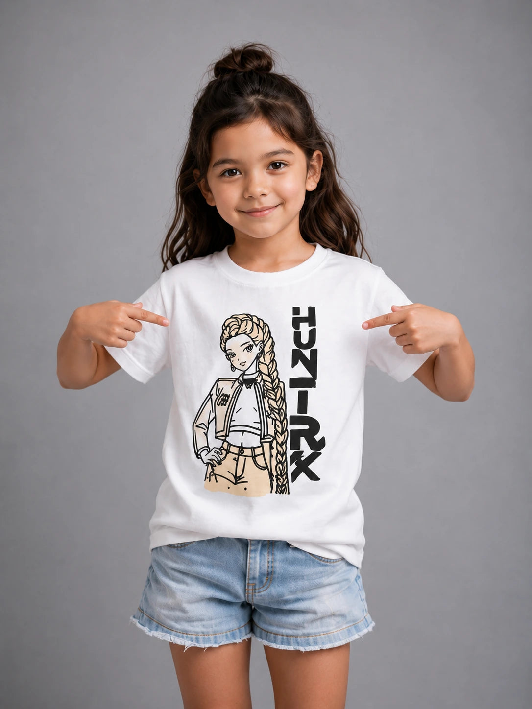 UV Reactive Cotton T-Shirt for Kids featuring the Huntrix Braided Hero design