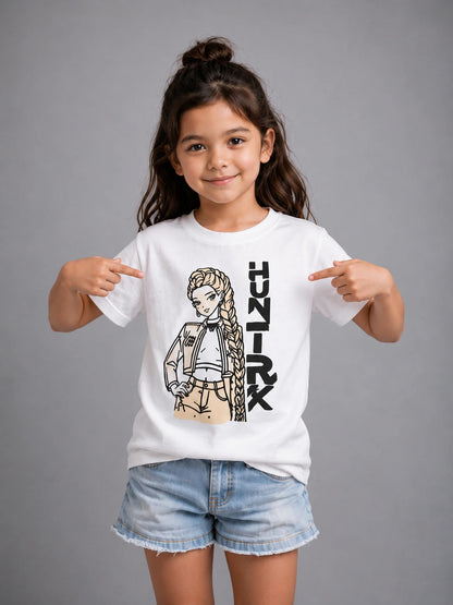 UV Reactive Cotton T-Shirt for Kids featuring the Huntrix Braided Hero design