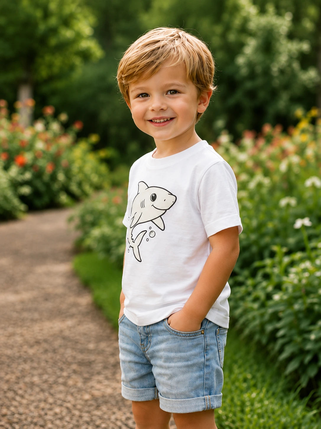 UV Reactive Cotton T-Shirt for Kids featuring the Ocean Buddy Shark design