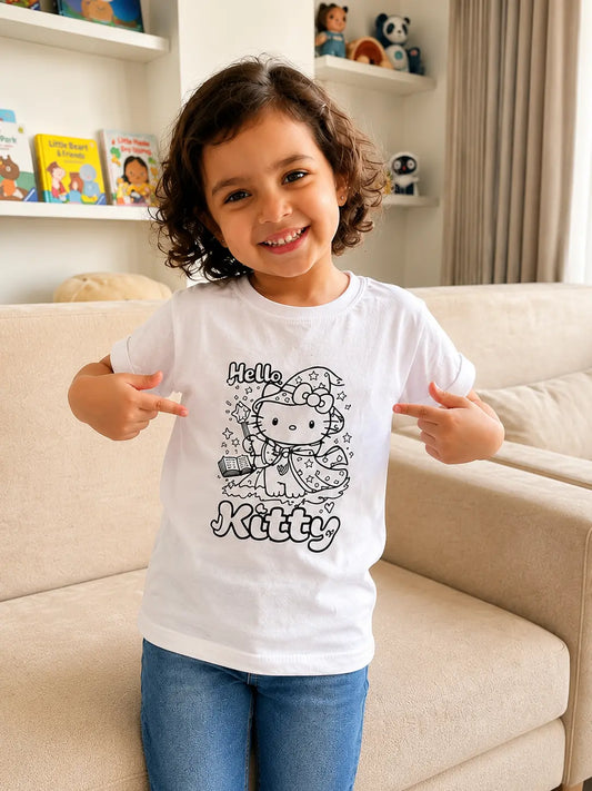 100% Cotton UV Reactive Kids T-Shirt with Magic Kitty Wand Design