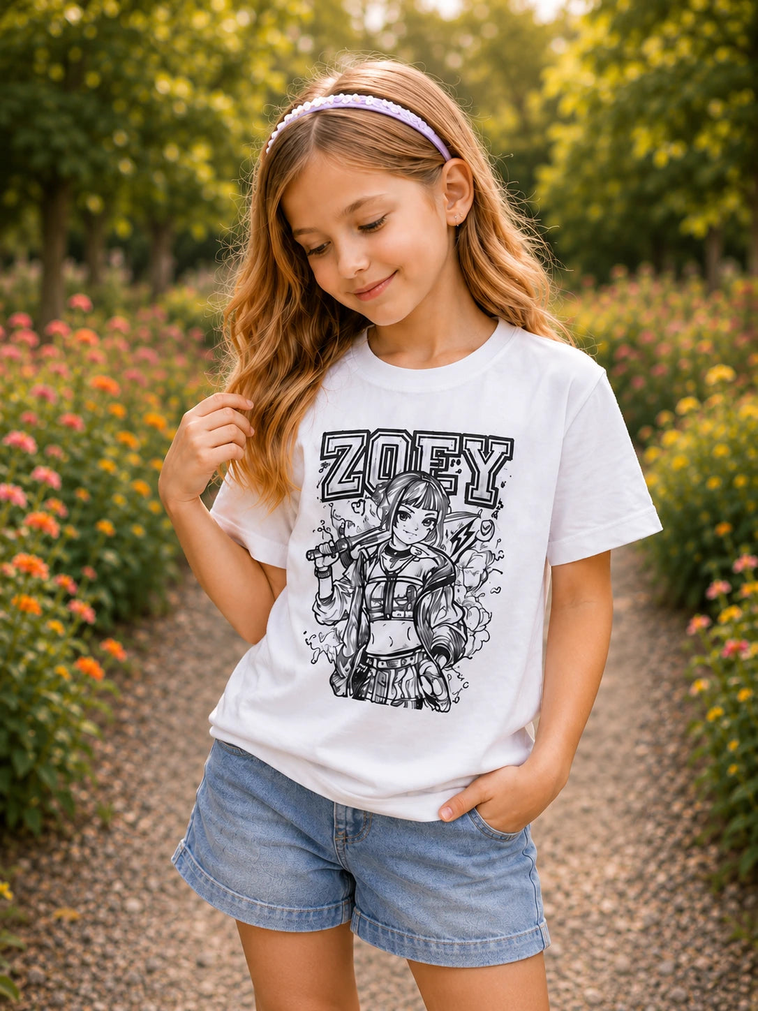 Kids Cotton T-Shirt featuring the Zoey Adventure Girl artwork