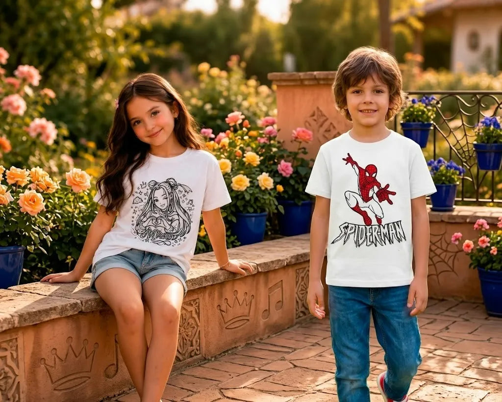 Kids festival gift hamper featuring Zoey Adventure Girl and Spiderman Sun Activated Colour-Changing T-Shirts.